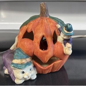 VTG Cats & Pumpkin Ceramic Orange Light Jack O Lantern Halloween Plug In 4" READ